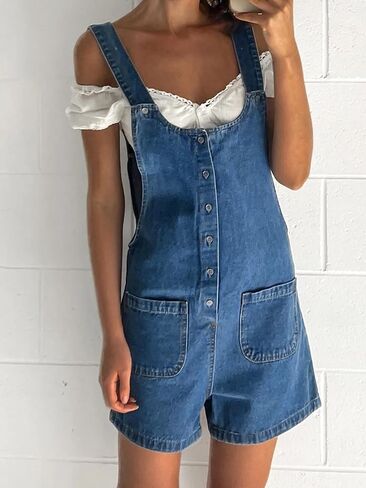 Women Denim Bib Overalls Solid Color Adjustable Straps Baggy Shorts Jean Jumpsuit Romper with Pockets for Streetwear in Kuwait