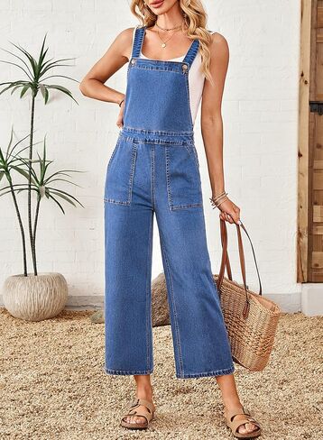 Sidefeel Overalls for Women Casual Stretchy Adjustable Strap Denim Jumpsuits Wide Leg Loose Fit Cropped Jean Rompers in Saudi Arabia