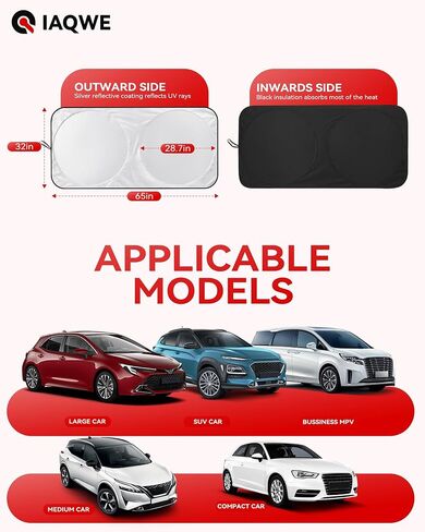 2025 IAQWE Windshield Sun Shade for Car Front Window, Thickened 65 x 32in Foldable Sun Visor Protector Blocks UV Rays and Heat, Keeps Your Vehicle Cool Fit for Car, Truck, SUV in Kuwait