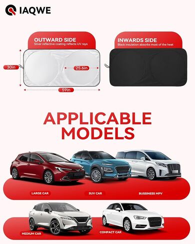 2025 IAQWE Windshield Sun Shade for Car Front Window, Thickened 65 x 32in Foldable Sun Visor Protector Blocks UV Rays and Heat, Keeps Your Vehicle Cool Fit for Car, Truck, SUV in Saudi Arabia