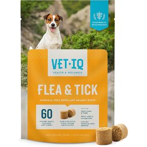 vetIQ دعم البراغيث والقراد للكلاب، والبراغيث والقراد قابلة للمضغ للكلاب، ويدعم دفاعات البراغيث الطبيعية للكلاب، خالية من المواد الكيميائية المضافة والثوم، نكهة دخان هيكوري، 60 عددًا