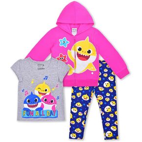 تي شيرت Nickelodeon Baby Shark Girls 3 قطعة ، وملفقة سروالي ولباس طماق.