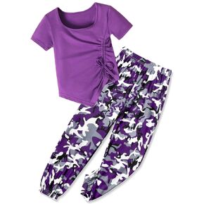 Clothes for Girls Irregular Ruched Drawstring Short Sleeve Top and Girls Camouflage Pants 2Pcs Summer Girls Clothes