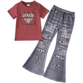 Kid Toddler Girl Summer Clothes Leopard & Heart Print Short Sleeve T-Shirt + Flared Leg Pants Outfits (Not Jeans)