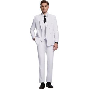 Men’s Double Breasted Suit Slim Fit 3 Piece Suit Peak Lapel Solid Blazer Jacket Vest Pant Tuxedo Set for Wedding Business