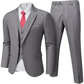 Men's 3 Pieces Suit, Solid Slim Fit One Button Blazer Set, Jacket Vest Pants with Tie for Wedding Party Business