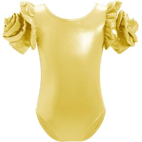 AFAVOM Gymnastic Leotard for Girls Ballet Dance Metallic Leotards 3D Flower Short Sleeve Bodysuit Acrobatic Shiny Jumpsuit