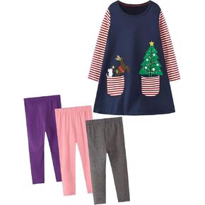 HILEELANG Toddler Girls Cotton Casual Long Sleeve Christmas Dresses and Leggings