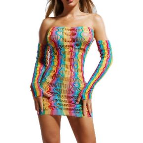 Rainbow Fishnet Bodystockings Mesh Bodysuit Elastic Lingerie Rave Party Bodysuit for Women and Girls Lingerie for Women Bodycon Nightclub Dress Fishnet Chemise with Sleeve
