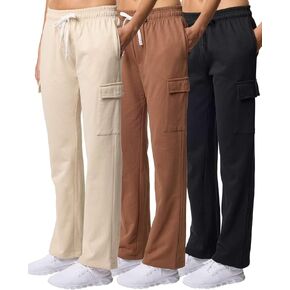 Real Essentials 3 Pack: Women's Fleece Cargo Sweatpants, Open Bottom Lounge & Athletic Casual Pants with Pockets