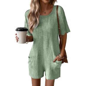 Ekouaer Rompers for Women Casual Ribbed Short Sleeve T-Shirt Tee Romper Summer Outfits with Pockets 2025