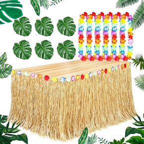 Luau Grass Table Skirt Natural 9 Feet x 29.5 Inch Hawaiian Table Skirt, 6pc Tropical Green Leaves, 6pcs Hawaiian Leis for Luau Party for Tropical Hawaiian Party Decorations Luau Party Costume Party