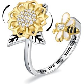 925-Sterling-Silver Fidget-Anxiety Sunflower Bee Ring - Adjustable White/18K Gold Plated Bumblebee Spinner Thumb Honey Rings Jewelry Christams Gifts for Women Mom Daughter Sister
