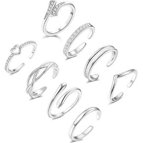 8 PCS Toe Rings for Women Adjustable 14K Gold/Silver Plated Band Tail Rings Open Heart CZ Toe Ring Set Beach Foot Jewelry
