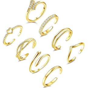 8 PCS حلقات إصبع القدم للنساء قابلة للتعديل 14K الذهب/الفضة حلقات ذيل الطرف المطلي مفتوحة القلب CZ خاتم أخمص القدم in Kuwait