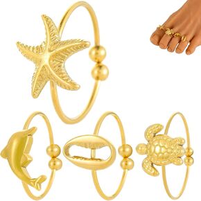 Liu Jun Toe Rings for Women ، Starfish Seashell Toe Ring مجموعة صيف شاطئ شاطئ مكتنزة السلاحف الذهبية الدلفين الدلفين حلقات هدايا مجوهرات قابلة للتكديس قابلة للتكديس