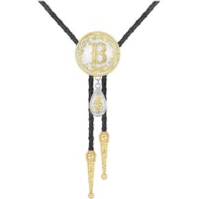 HUABOLA CALYN Western Bolo Tie for Men Gold Initial Letter A to Z Native American Bola Ties Rodeo Cowboy Leather Necktie