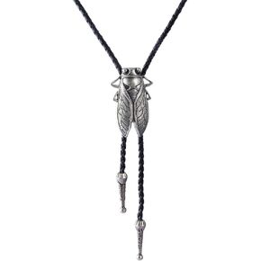 AZORA Cicada Insect Bug Bolo Tie Necklace Genuine Vegan Leather Braided Cord Western Cowboy Neck Tie Wedding Gift Men Women