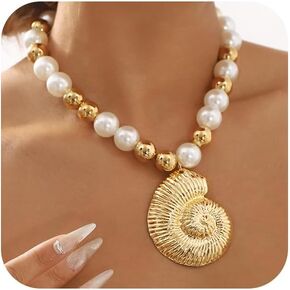 Dainty Chunky Gold Big Conch Beads Pearl Necklace for Women Trendy, Statement Thick Conches Beaded Pearls Beach Holiday Jewelry Gift Dresses Accessories