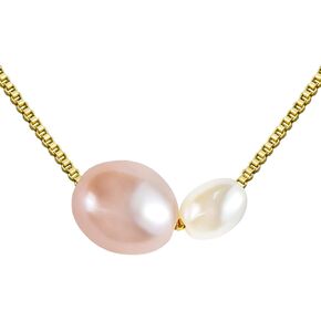PEARLIE Pearl Necklace Pendant for Women, Double Pearls Adjustable Choker Necklace Handpicked Freshwater Cultured Pearl Gold Chain Necklace Wedding Jewelry