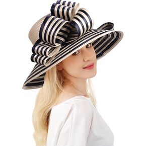 Wedding Bridal Church Party Derby Hats for Women Striped Bowler Hat Wide Brim Fascinator Flat Top Fedora Hats