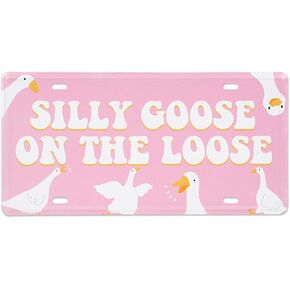 Silly Goose on The Loose License Plate Novelty Pink Cartoon Goose Vehicle Tag Vanity Plate Decorative Car Front for Women Car Accessories, 6 x 12 Inch