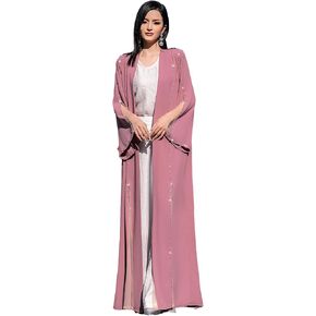 Elegant Beaded Abaya Robe, Open Front Long Sleeve Maxi Outerwear, Modest Cover-Up with Crystal Trim, NO INNER, Pink