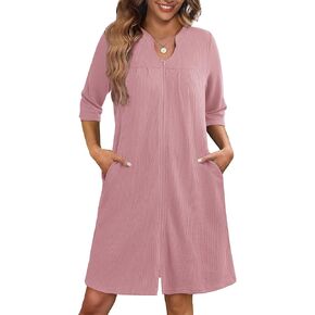 Ekouaer Zipper Robes for Women 3/4 Sleeve Waffle Knit Bathrobe Lightweight Short Housecoat with Pockets Soft Loungewear S-3XL