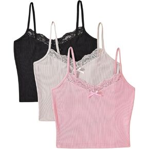 MakeMeChic Women's 3 Pack Pajama Cami Contrast Lace V Neck Spaghetti Strap Crop Tops Sleepwear