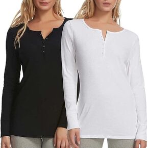 Felina 2 Pack Women's Long Sleeve Rib Knit Henley Tee Black/ White (Small)