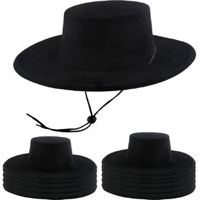 12 Pack Adult Plastic Flat Top Fedora Hat Black Wide Brim Hat for Men Women Carnivals Party Costume Accessory