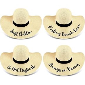 4 Pcs Women Beach Hats Floppy Foldable Straw Hat Embroidered Summer Wide Brim for Travel Summer