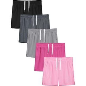 Resinta 5 Pack Youth Girls Mesh Athletic Shorts Quick Dry Basketball Soccer Running Gym Shorts with Drawstring Pocket