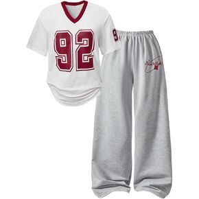 GORGLITTER Girl's 2 Piece Sets Outfits Letter Print Short Sleeve Jersey Tops and Baggy Wide Straight Leg Sweatpant Set