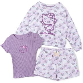 Hello Kitty Girls French Terry Drop Shoulder Sweatshirt, T-Shirt & Shorts 3 Piece Set Toddler to Big Kid Sizes (4T - 10-12)