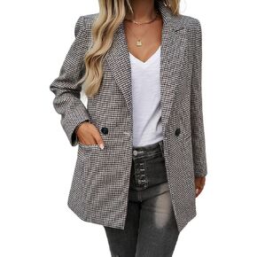 Womens Casual Blazer Open Front Long Sleeve Lapel Houndstooth Jacket Blazers Bussiness Work Office Suits