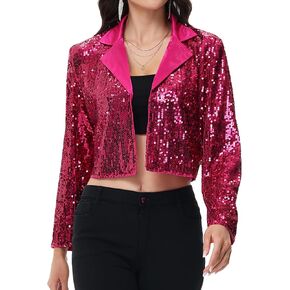 Anna-Kaci Women's Sparkly Crop Sequin Blazer Jacket Long Sleeve Party Club Cardigan Out, Black and Silver, Large
