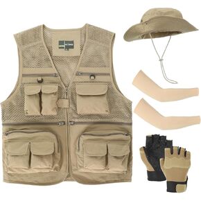 4 Pcs Fishing Vest and Hat for Men Safari Vest with Pockets Include Summer Lightweight Outdoor Jacket with Bucket Hat Fishing Gloves Ice Silk Sleeves for Outdoor Work