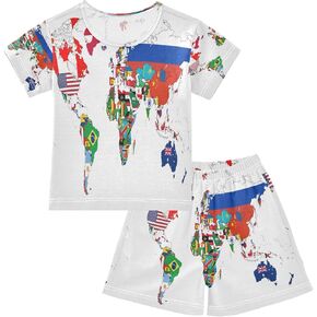 senya Short Sleeve Pajamas Sets Summer Cotton Sleepwear National Flag World Map, 5T