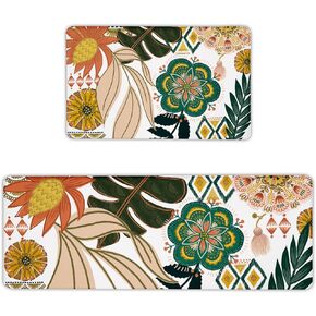 Boho Floral Long Kitchen Mats Rugs Sets of 2 Cushioned Anti Fatigue Floor Mat Foam Comfort Kitchen Rugs Farmhouse Style Non Slip Waterproof Mid Century Botanical Standing Mat for Sink Laundry