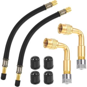 2Pcs 8.25 Inch Universal Flexible Tire Valve Extenders 2Pcs 90 Degree Valve Stem Extension, Brass Tire Valves Extension Adaptor for RV Cars Truck Motorcycle Scooter Bike