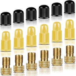 Brass Presta Valve Adaptor (Pack of 6 + 12 Caps), Brass Prestas Valve Adapters and Bike Tire Caps - Convert Presta to Schrader for Bikes, Mountain Bikes, Road Bike and Cars