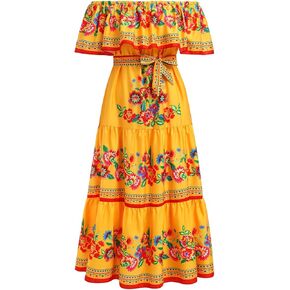 Mexican Dresses for Women Traditional Off-Shoulder Floral Embroidery Cinco de Mayo Fiesta Party Long Maxi Dress