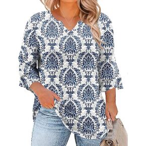 TFSDOD Plus Tops for Women v Neck 3/4 Sleeve Tucy Tunics Business Dust Double Tirts (1XL-5XL