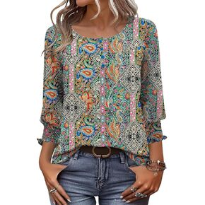 AKEWEI 3/4 Length Sleeve Womens Tops 2025 Fashion Summer Tops for Women Crewneck Casual Loose Fit Pleated Top