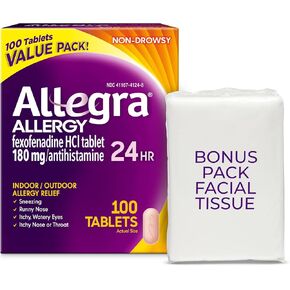 Allegra Adult 24-Hour Allergy Relief Tablets with Bonus Tissue Pack, Non-Drowsy Indoor and Outdoor Allergy Medicine, 180 mg Fexofenadine HCI Antihistamine Pill, 100-Count