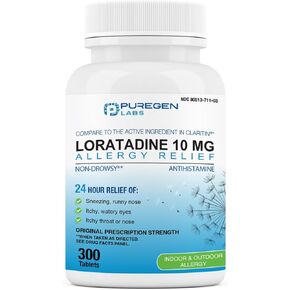 Puregen Labs Allergy Relief, Loratadine 10mg, 300 Tablets – 24 Hour Non-Drowsy Antihistamine Allergy Medicine for Runny Nose, Sneezing, Itchy, Watery Eyes