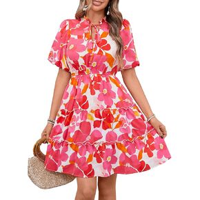 BTFBM Women Summer Floral Short Dresses V Neck Short Sleeve Tiered Ruffle Boho Swing Dress A-Line Mini Dresses