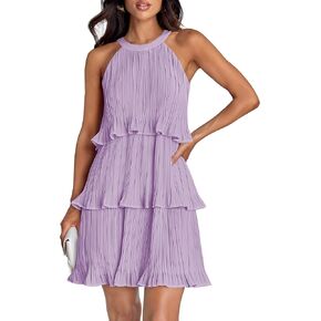 ZESICA Women's 2025 Summer Halter Dresses Sleeveless Ruffle Tiered Layered Chiffon Pleated A Line Swing Mini Dress