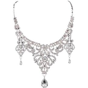 Secret for Longevity Silver Tone Retro Antique Vintage Art Deco Style Flapper Gatsby Rhinestone Statement Wedding Bridal Prom Necklace Earring Set
